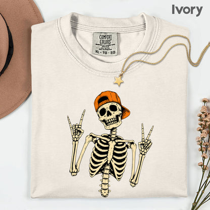 Cool Skeleton Rock On T-Shirt, Peace Sign Halloween Orange Hat Spooky Tee