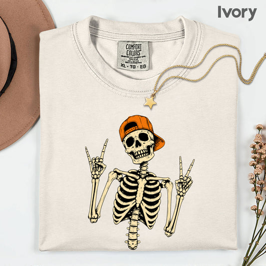 Cool Skeleton Rock On T-Shirt, Peace Sign Halloween Orange Hat Spooky Tee
