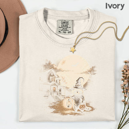 Vintage Halloween Mouse Witch T-Shirt, Full Moon Pumpkin House Sepia Trick or Treat Spooky Fall Tee