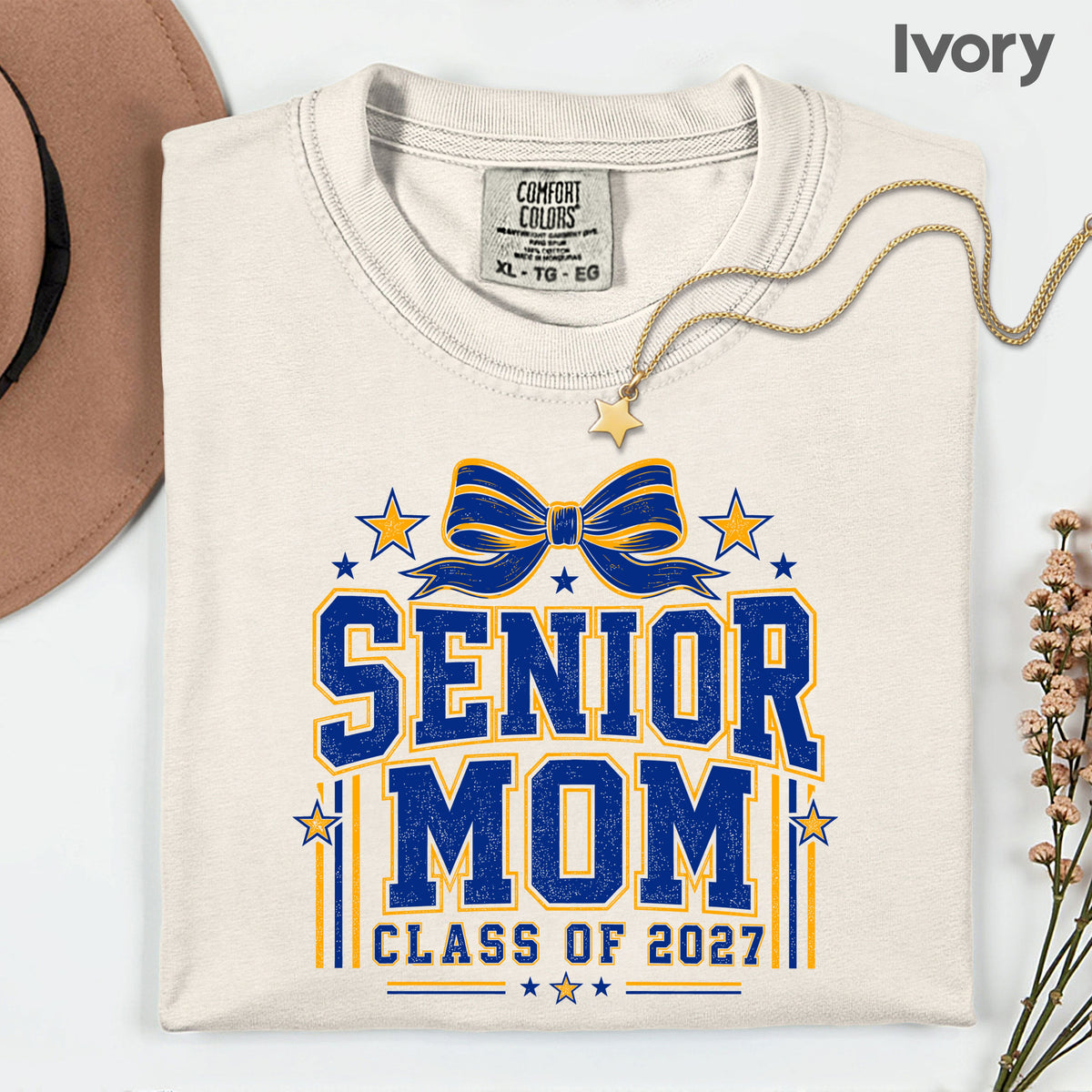 Senior Mom 2027 Royal Blue Yellow Cheer Bow T-Shirt, Varsity Graduation Mother Tee