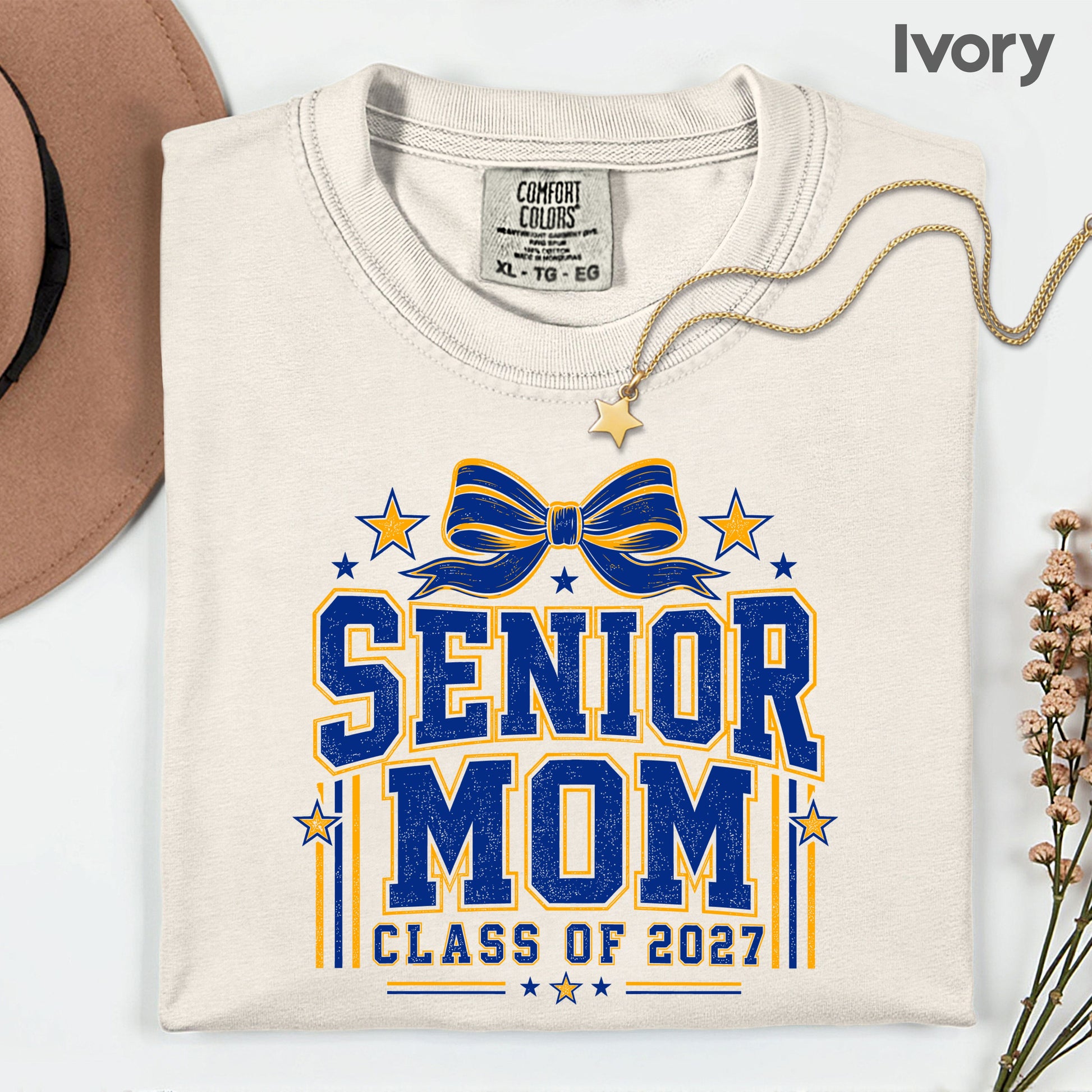 Senior Mom 2027 Royal Blue Yellow Cheer Bow T-Shirt, Varsity Graduation Mother Tee