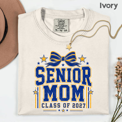 Senior Mom 2027 Royal Blue Yellow Cheer Bow T-Shirt, Varsity Graduation Mother Tee