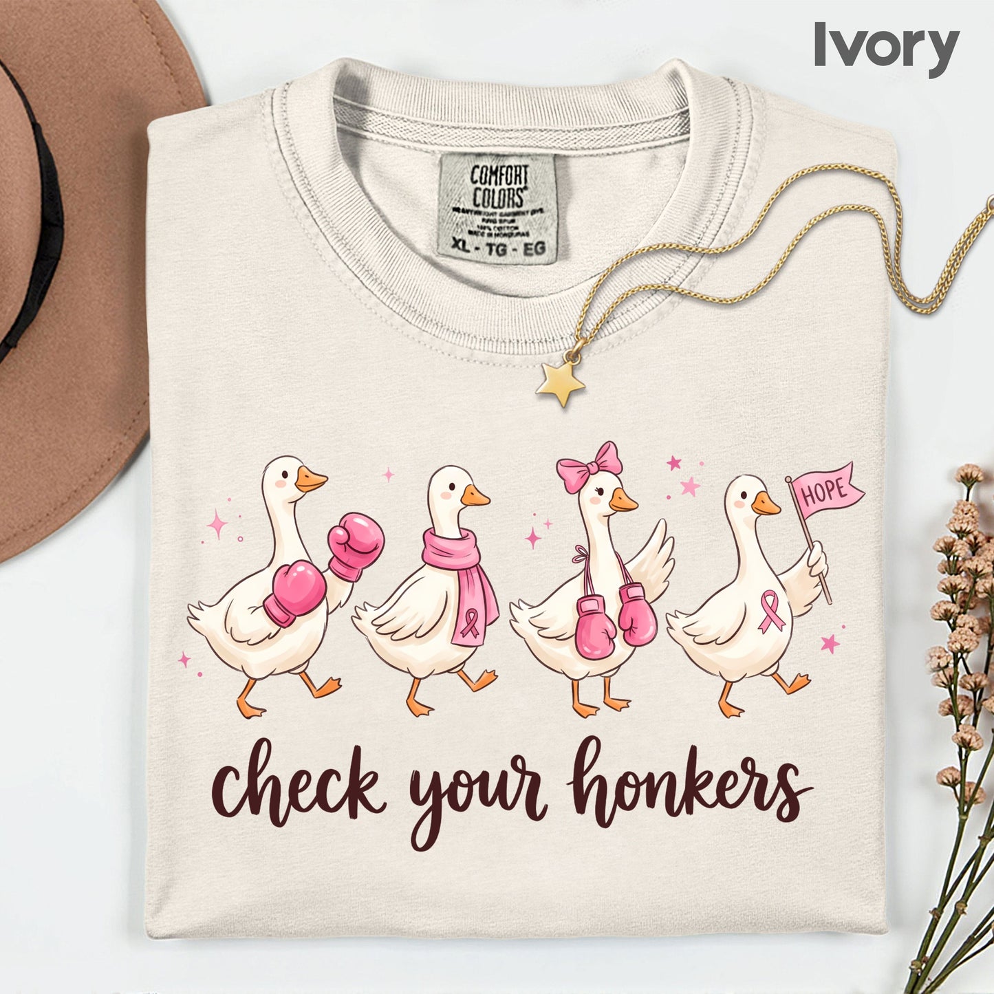Check Your Honkers Ducks Breast Cancer Awareness T-Shirt, Pink Ribbon Boxing Gloves Geese Tee