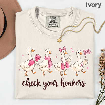 Check Your Honkers Ducks Breast Cancer Awareness T-Shirt, Pink Ribbon Boxing Gloves Geese Tee