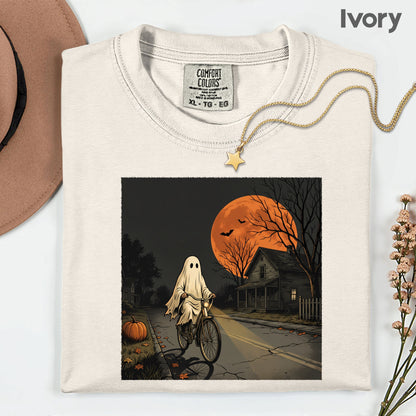 Ghost Riding Bike Halloween T-Shirt, Haunted House Orange Harvest Moon Tee Sweatshirt