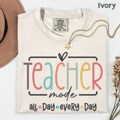 Teacher Mode All Day T-Shirt, Pastel Rainbow School Education Teacher Tee Sweatshirt