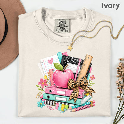 Pink Apple School Supplies T-Shirt, Books Leopard Bow Back to School Teacher Tee