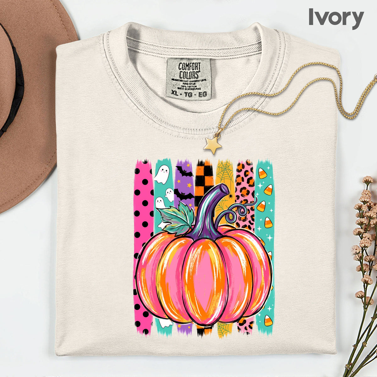 Halloween Pumpkin Brush Strokes Leopard Ghosts Candy Corn T-Shirt, Spooky Season Tee