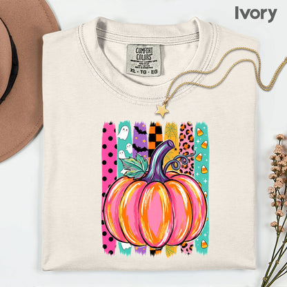 Halloween Pumpkin Brush Strokes Leopard Ghosts Candy Corn T-Shirt, Spooky Season Tee