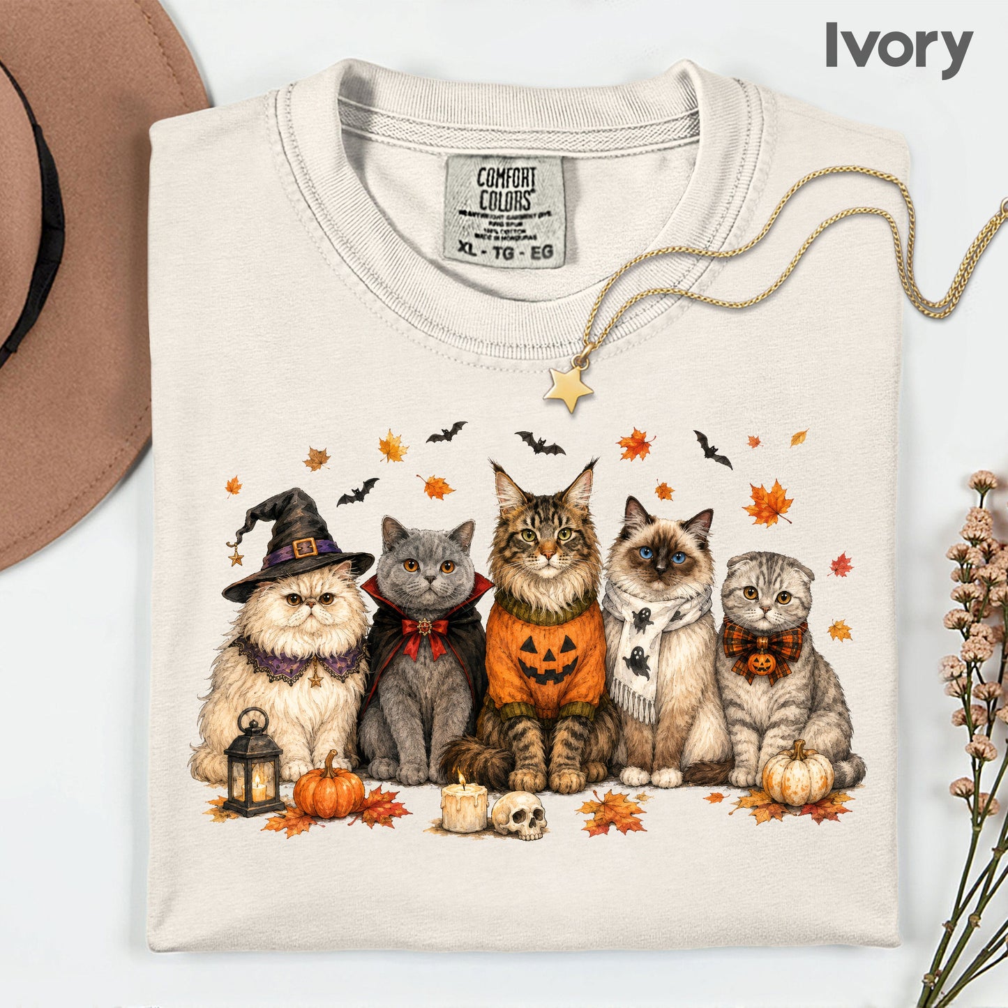 Halloween Cats Comfort Colors T Shirts Cute Witchy Kitty Sweater Tee Spooky Pumpkin Vampire Cat Shirt Autumn Fall Leaves Graphic Gifts