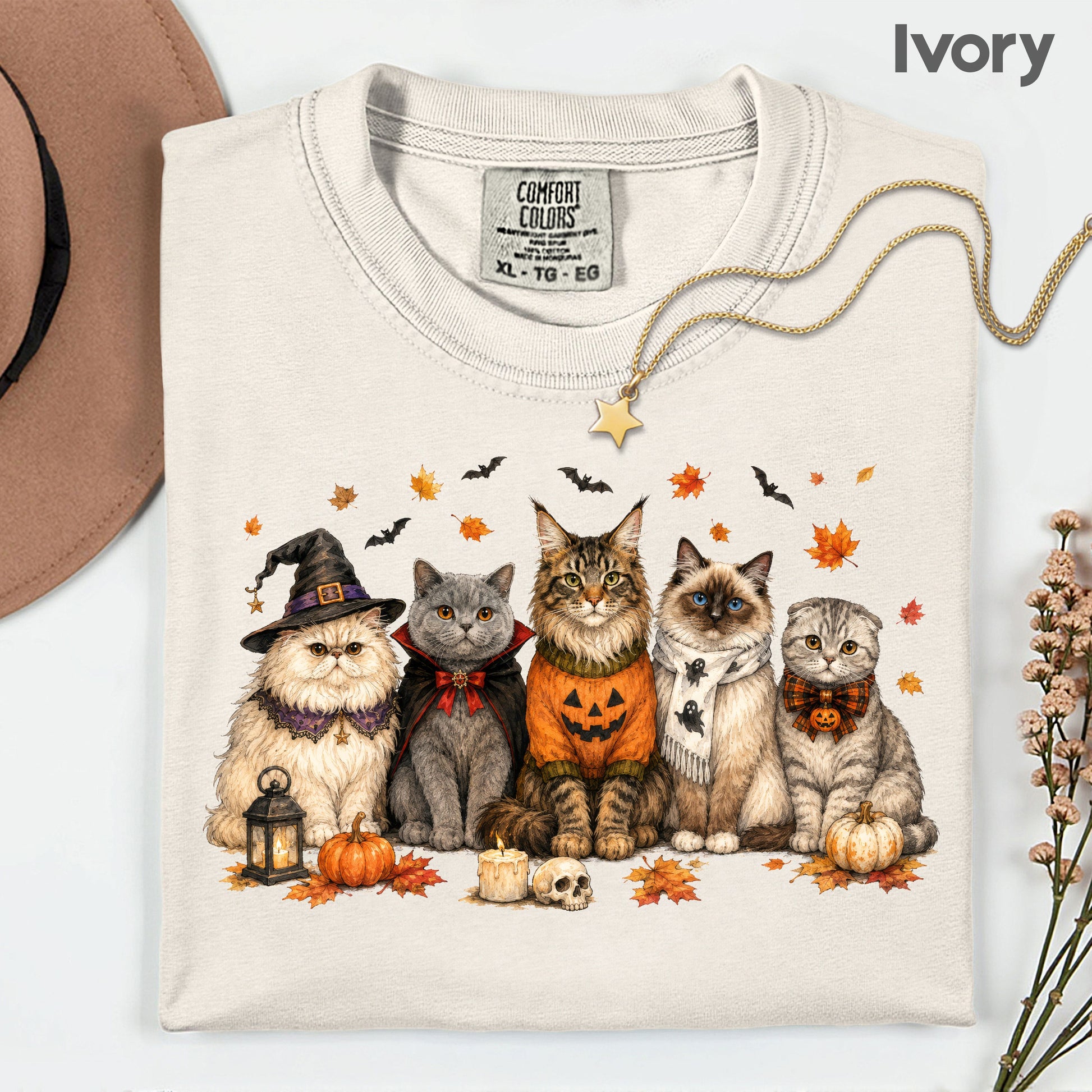 Halloween Cats Comfort Colors T Shirts Cute Witchy Kitty Sweater Tee Spooky Pumpkin Vampire Cat Shirt Autumn Fall Leaves Graphic Gifts