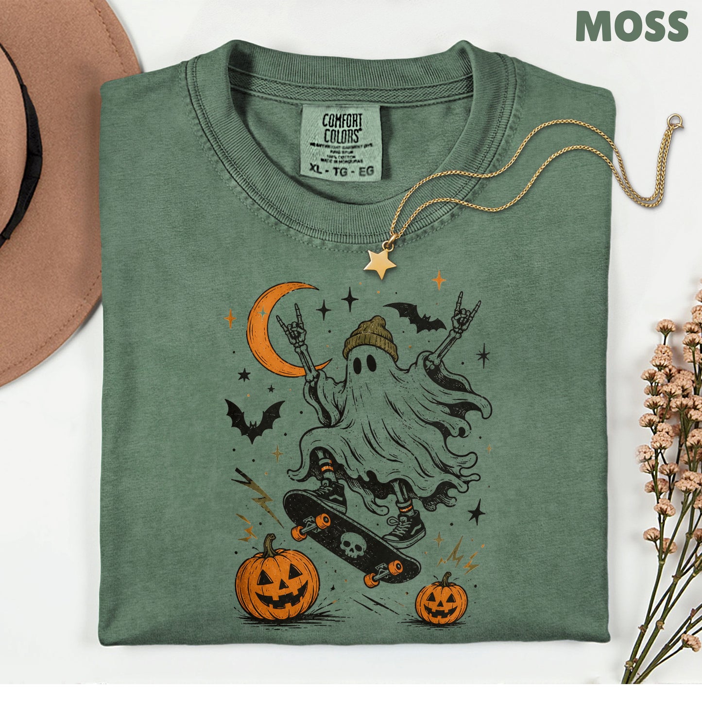 Halloween Skater Ghost Rock On T-Shirt, Skateboarding Skeleton Crescent Moon Pumpkins Bats Tee