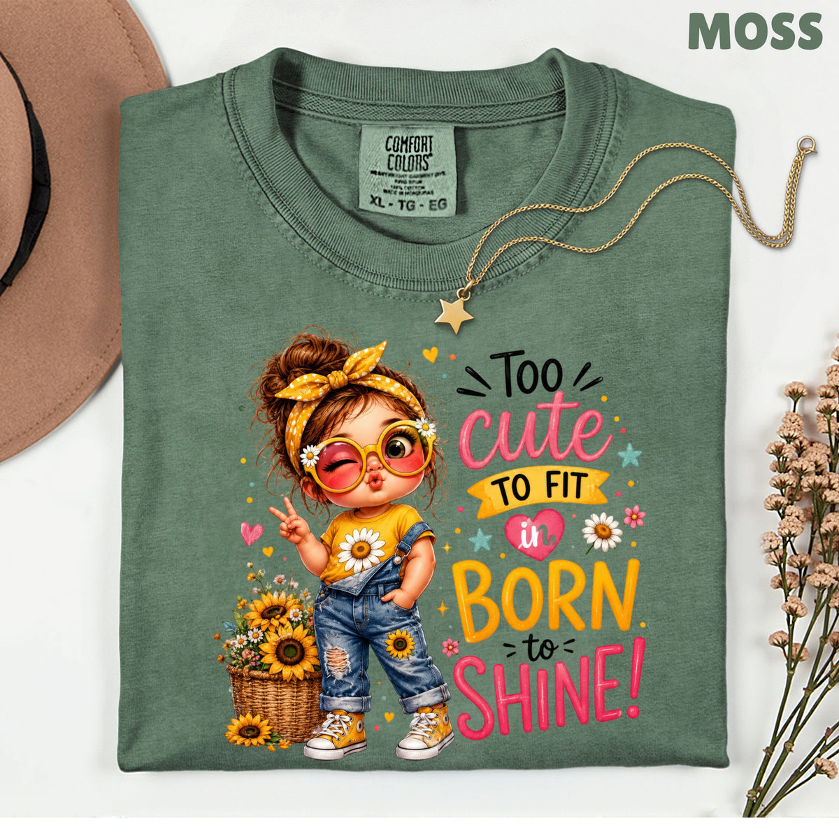 Too Cute to Fit In Born to Shine Little Girl T-Shirt, Sunflower Headband Tee