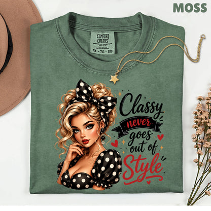 Classy Never Goes Out of Style Pinup Girl T-Shirt, Vintage Polka Dot Bow Tee Sweatshirt