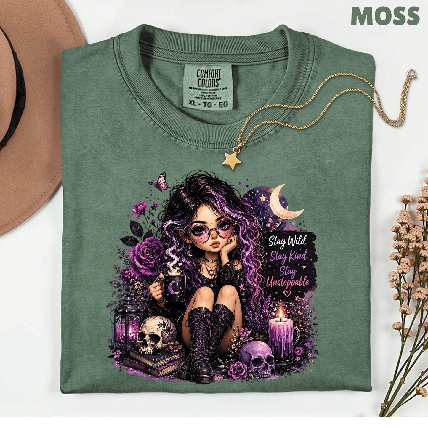Stay Wild Stay Kind Goth Girl Skull T-Shirt, Purple Crescent Moon Witchy Tee