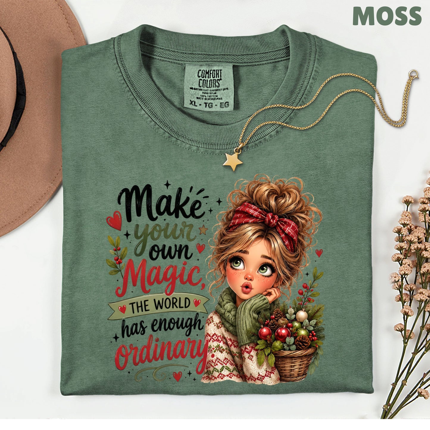 Make Your Own Magic Christmas Messy Bun Girl T-Shirt, Festive Holiday Quote Comfort Color Tee