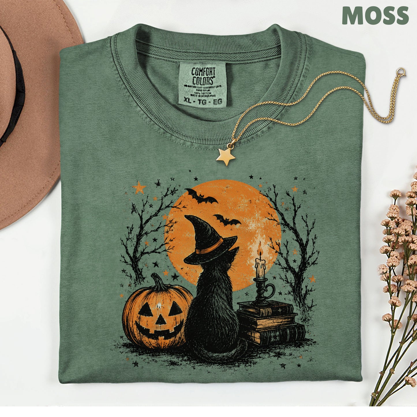 Halloween Black Cat Witch T-Shirt, Full Moon Pumpkin Spooky Vintage Books Magic Tee