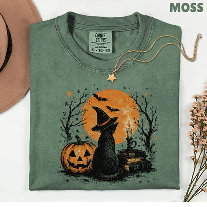 Halloween Black Cat Witch T-Shirt, Full Moon Pumpkin Spooky Vintage Books Magic Tee