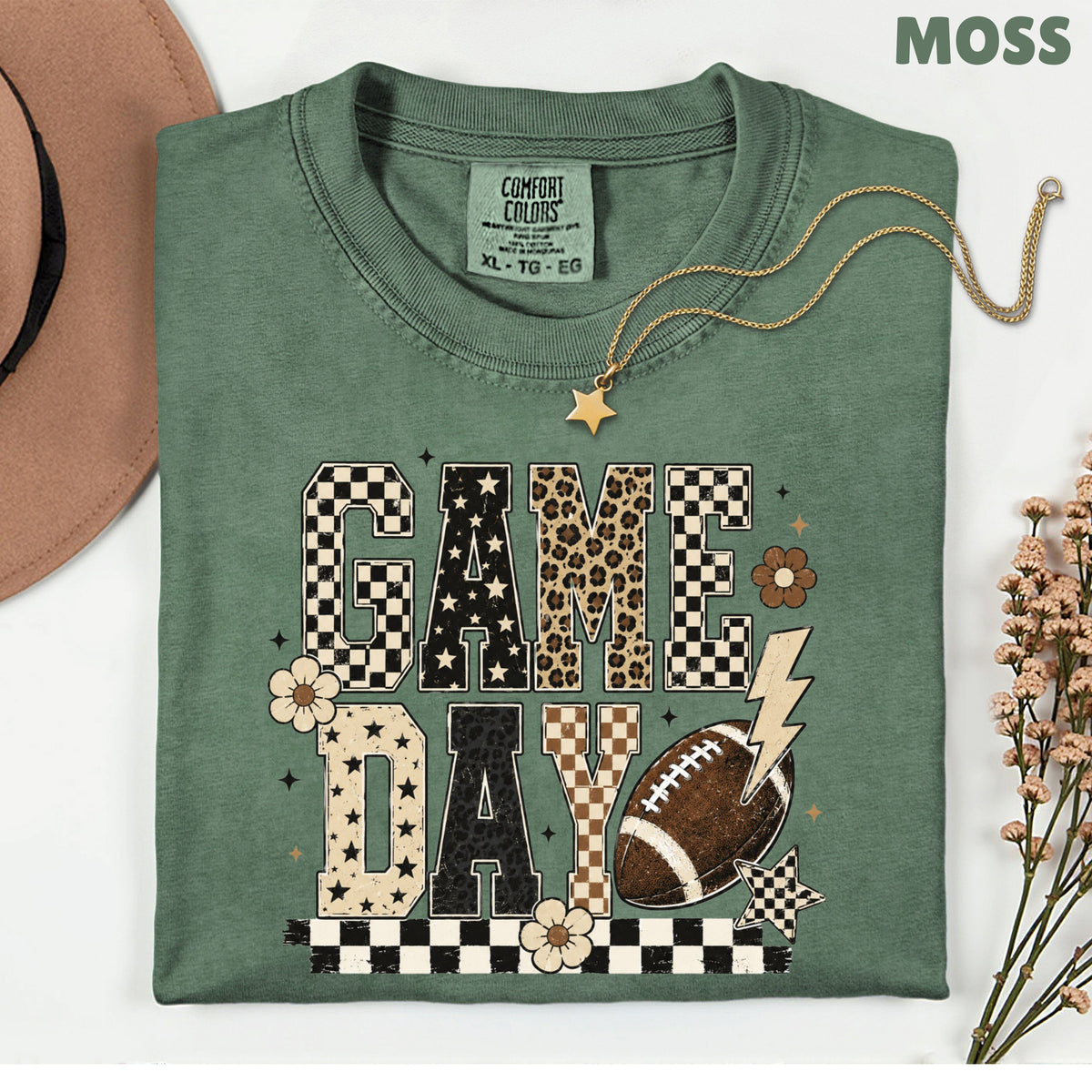 Game Day Leopard Football T-Shirt, Checkered Lightning Bolt Retro Western Tee Sweatshirt