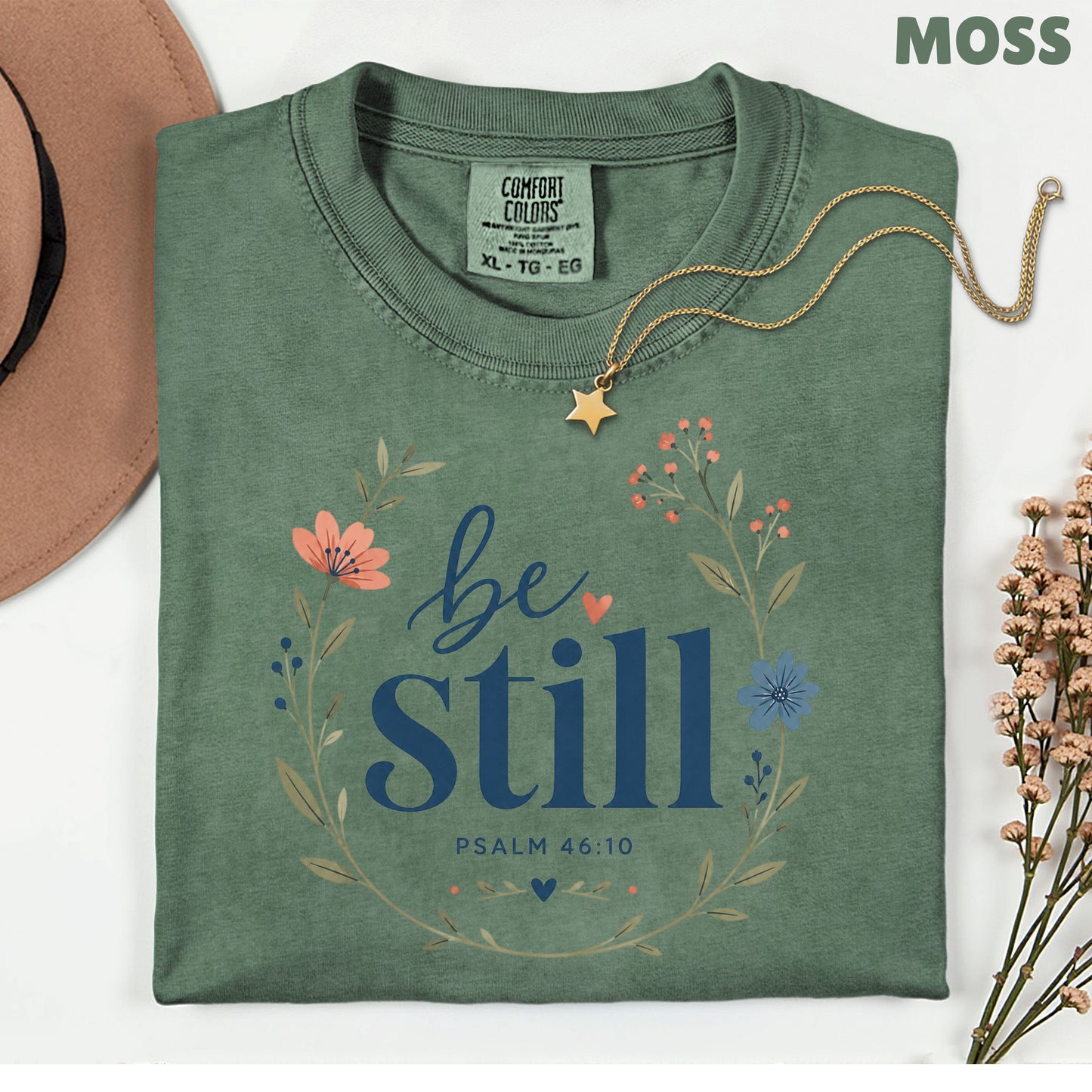Be Still Psalm 46:10 Christian T-Shirt, Floral Wreath Bible Verse Faith Inspirational Tee