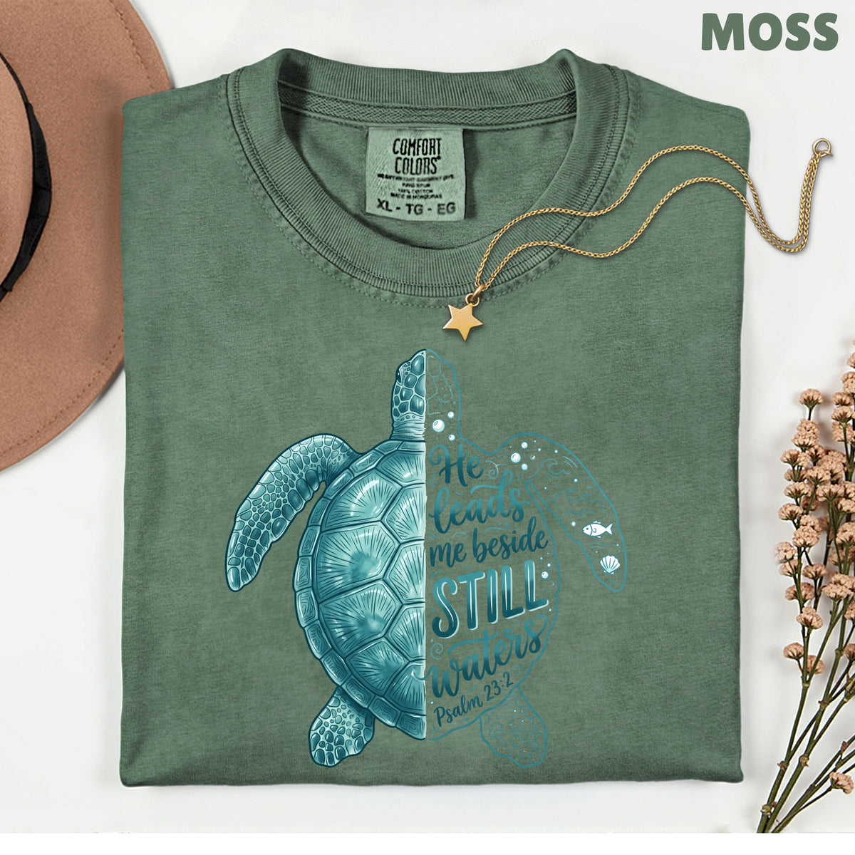 Christian Sea Turtle Psalm 23 T-Shirt, He Leads Me Beside Still Waters Faith Tee