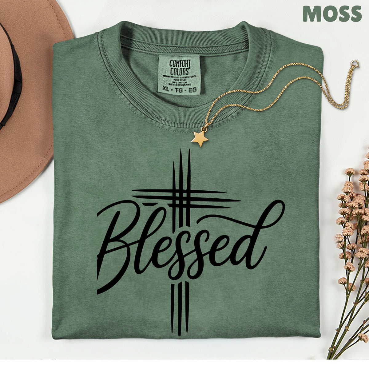 Blessed Cross Christian T-Shirt, Script Cursive Faith Minimalist Religious Tee Sweatshirt