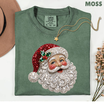 Christmas Santa Claus Vintage T-Shirt, Bejeweled Rhinestone Santa Head Festive Holiday Tee