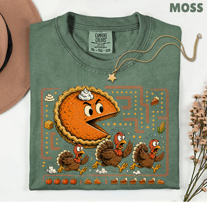 Funny Thanksgiving Pacman Pumpkin Pie T-Shirt, Chasing Turkeys Maze Video Game Tee