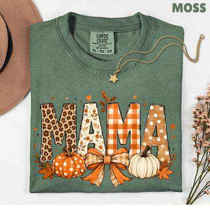 Fall Mama Pumpkin Leopard Plaid T-Shirt, Varsity Letters Autumn Leaves Bow Thanksgiving Mom Tee