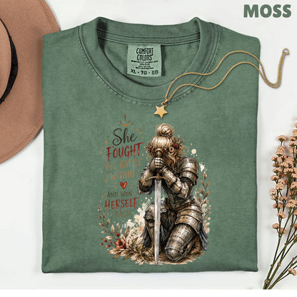 Inspirational Knight Girl She Fought the Battle Within T-Shirt, Female Warrior Sword Armor Tee