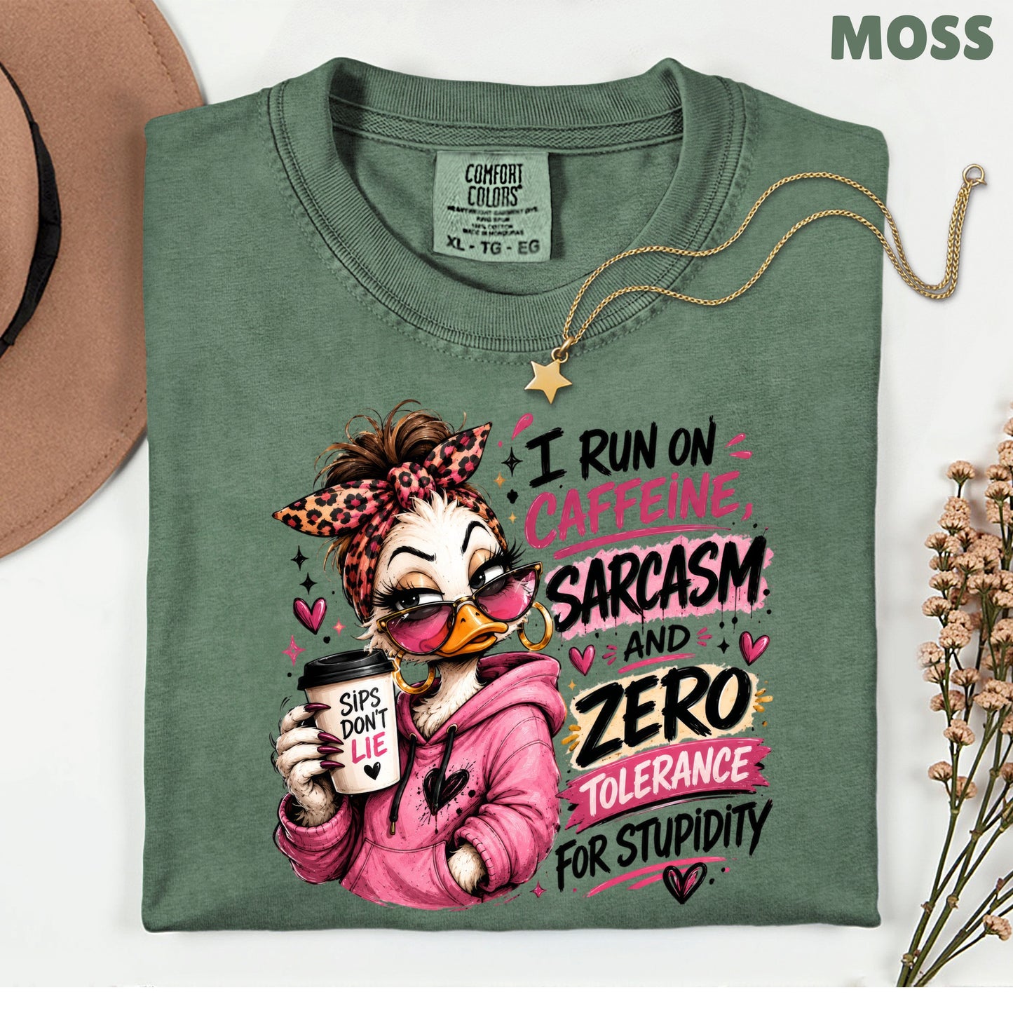 Funny Duck Caffeine T-Shirt, I Run on Caffeine Coffee Messy Bun Leopard Bow Women Tee