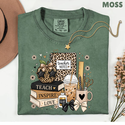 Teach Inspire Love Leopard Teacher T-Shirt, Notebook Coffee Iced Drink Comfort Color Tee
