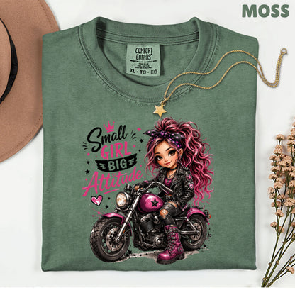 Small Girl Big Attitude Biker Girl T-Shirt, Pink Motorcycle Cute Rocker Tee