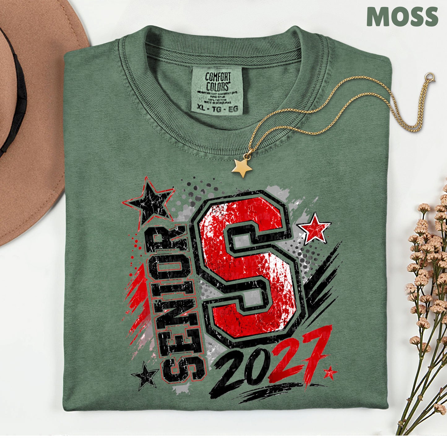 Senior 2027 Class of 2027 T-Shirt, Red Black Distressed Letter Graduation Tee