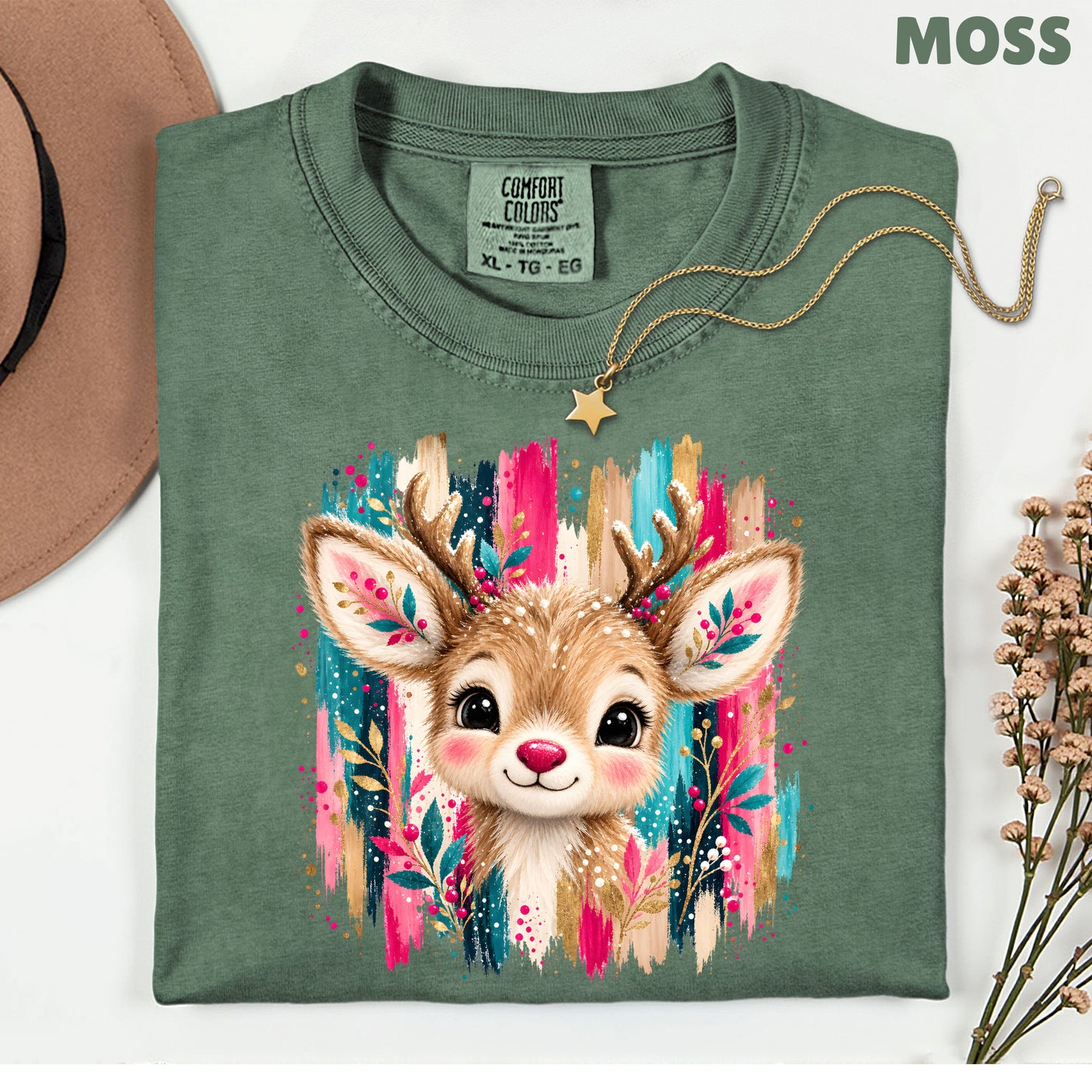 Cute Christmas Reindeer Floral Antlers T-Shirt, Pink Teal Gold Holiday Tee