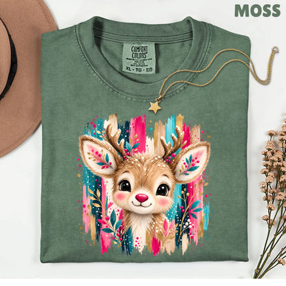 Cute Christmas Reindeer Floral Antlers T-Shirt, Pink Teal Gold Holiday Tee