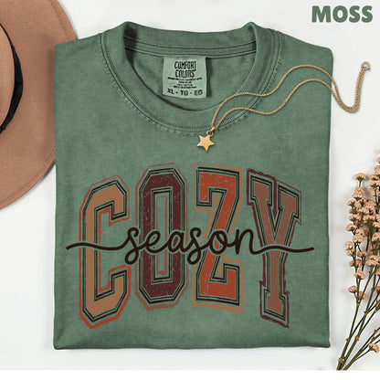 Cozy Season Fall T-Shirt, Distressed Varsity Letters Autumn Neutral Tones Tee