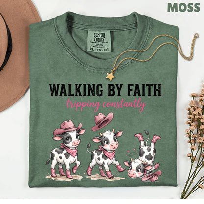 Funny Western Cow Walking by Faith T-Shirt, Pink Cowboy Boots Christian Humor Tee