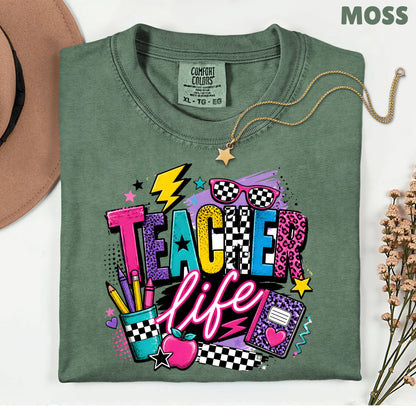 Retro Neon Teacher Life T-Shirt, Colorful Doodle Graffiti Checkerboard Sunglasses Back to School Tee