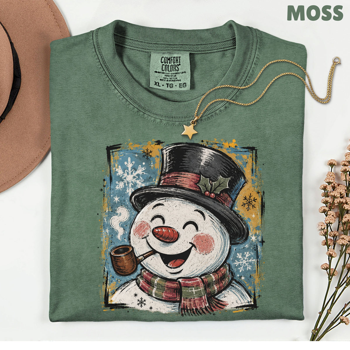 Vintage Snowman Christmas T-Shirt, Top Hat Pipe Snowflakes Scarf Comfort Color Tee
