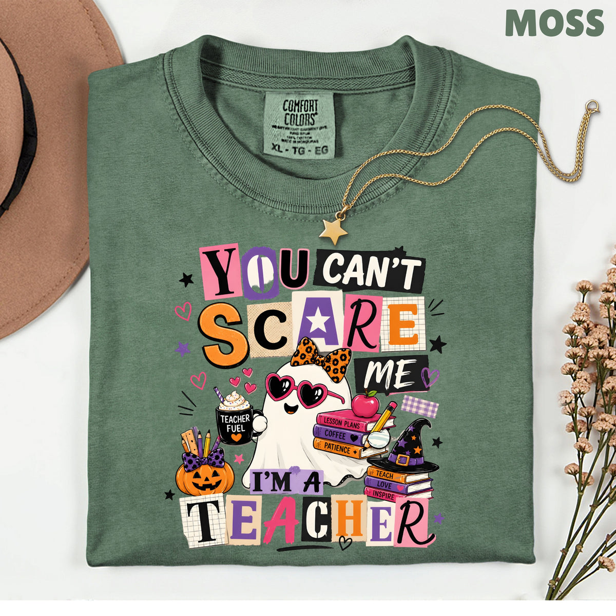 You Can't Scare Me Teacher Halloween T-Shirt, Ghost Books Coffee Comfort Color Tee