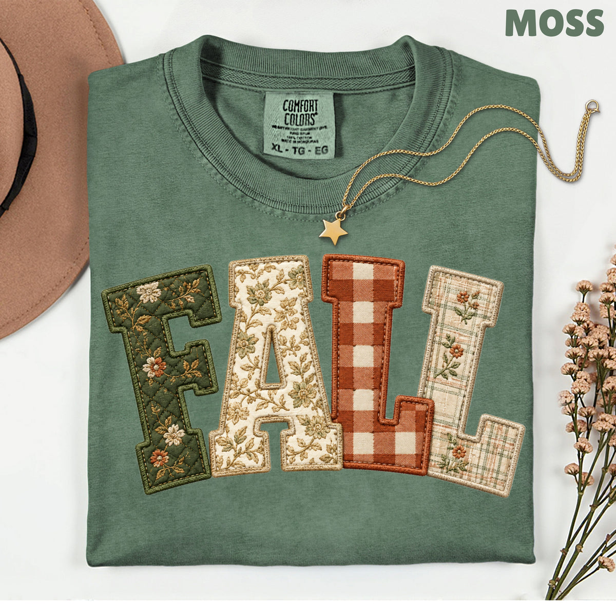 Fall Patchwork Chenille Letters T-Shirt, Quilted Plaid Autumn Thanksgiving Comfort Color Tee