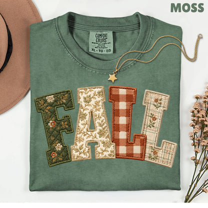 Fall Patchwork Chenille Letters T-Shirt, Quilted Plaid Autumn Thanksgiving Comfort Color Tee