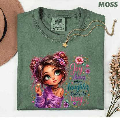 Joy Shines Laughter Space Buns Girl T-Shirt, Cute Floral Quote Tee