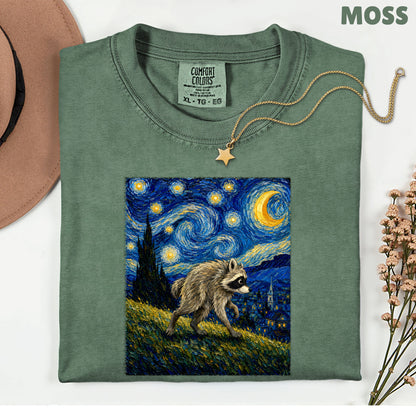 Starry Night Raccoon T-Shirt, Van Gogh Style Oil Painting Funny Wildlife Art Tee