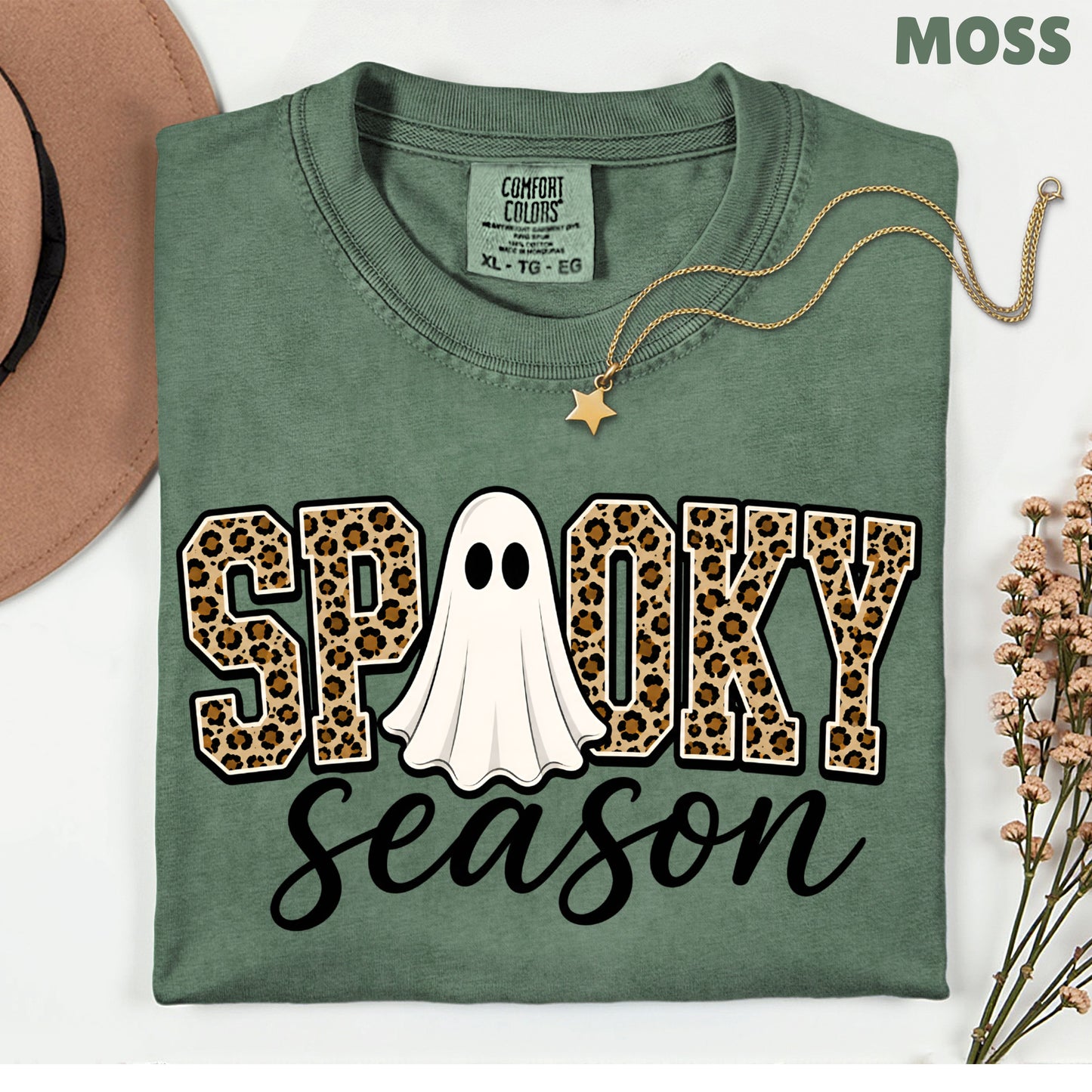 Halloween Spooky Season Ghost T-Shirt, Leopard Print Cheetah Varsity Letters Tee