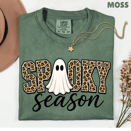 Halloween Spooky Season Ghost T-Shirt, Leopard Print Cheetah Varsity Letters Tee