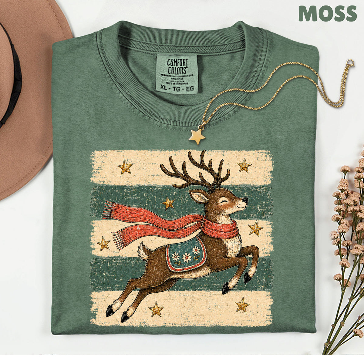 Vintage Christmas Reindeer T-Shirt, Flying Reindeer Scarf Retro Winter Comfort Color Tee