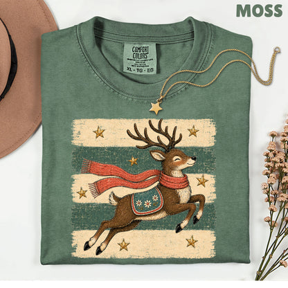 Vintage Christmas Reindeer T-Shirt, Flying Reindeer Scarf Retro Winter Comfort Color Tee
