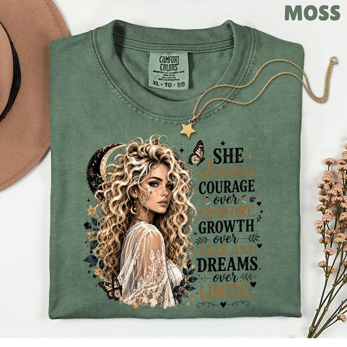 She Chooses Courage Inspirational T-Shirt, Blonde Woman Butterfly Crescent Moon Tee Sweatshirt